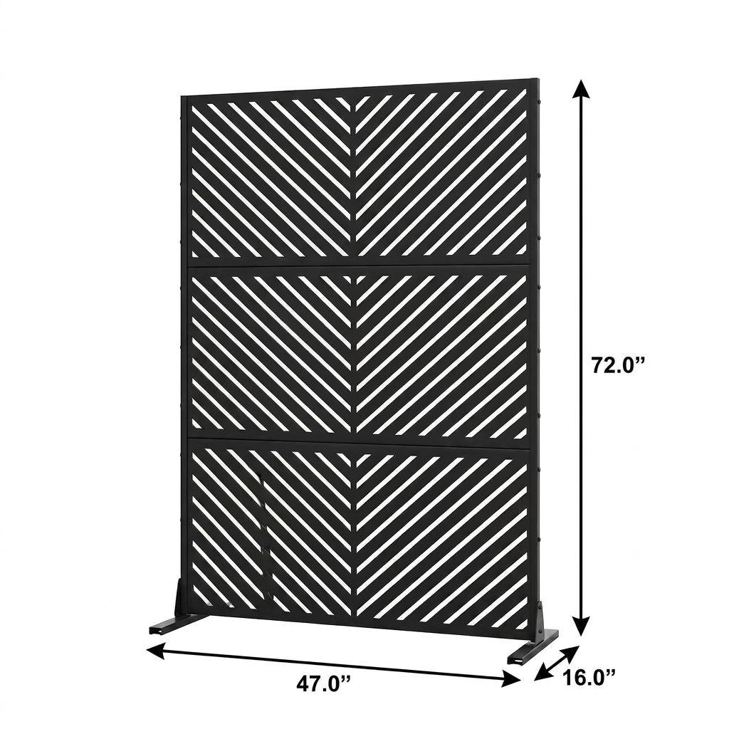 Black steel outdoor privacy screen, six-panel design; 72 in tall, 47 in wide