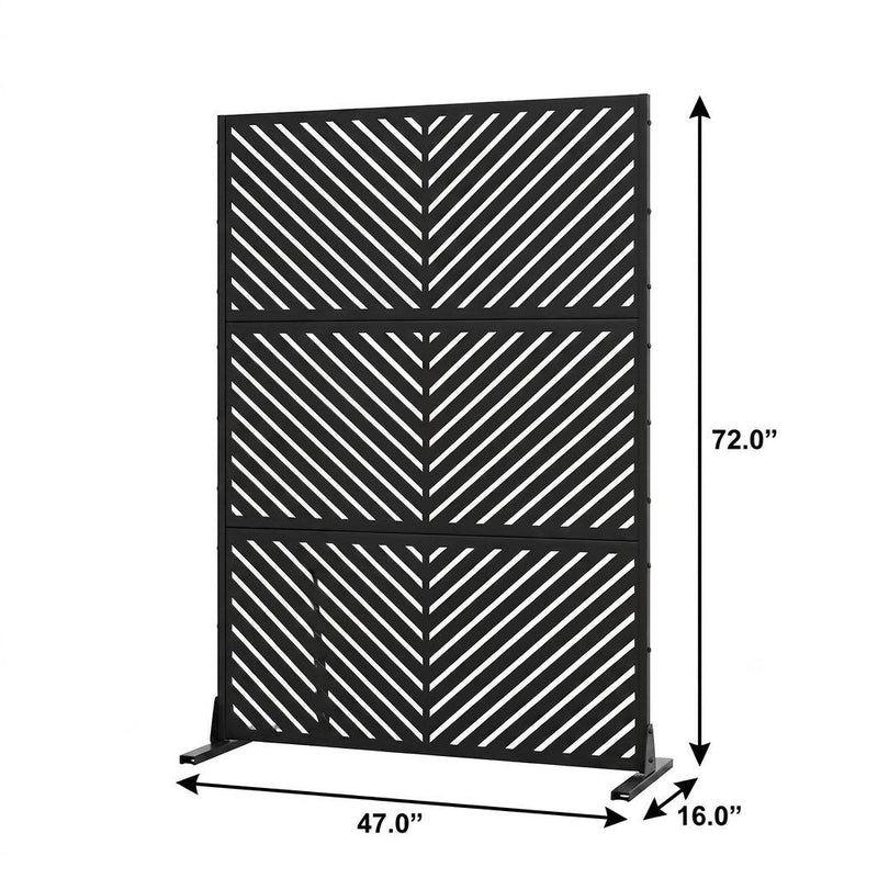 Black steel outdoor privacy screen, six-panel design; 72 in tall, 47 in wide