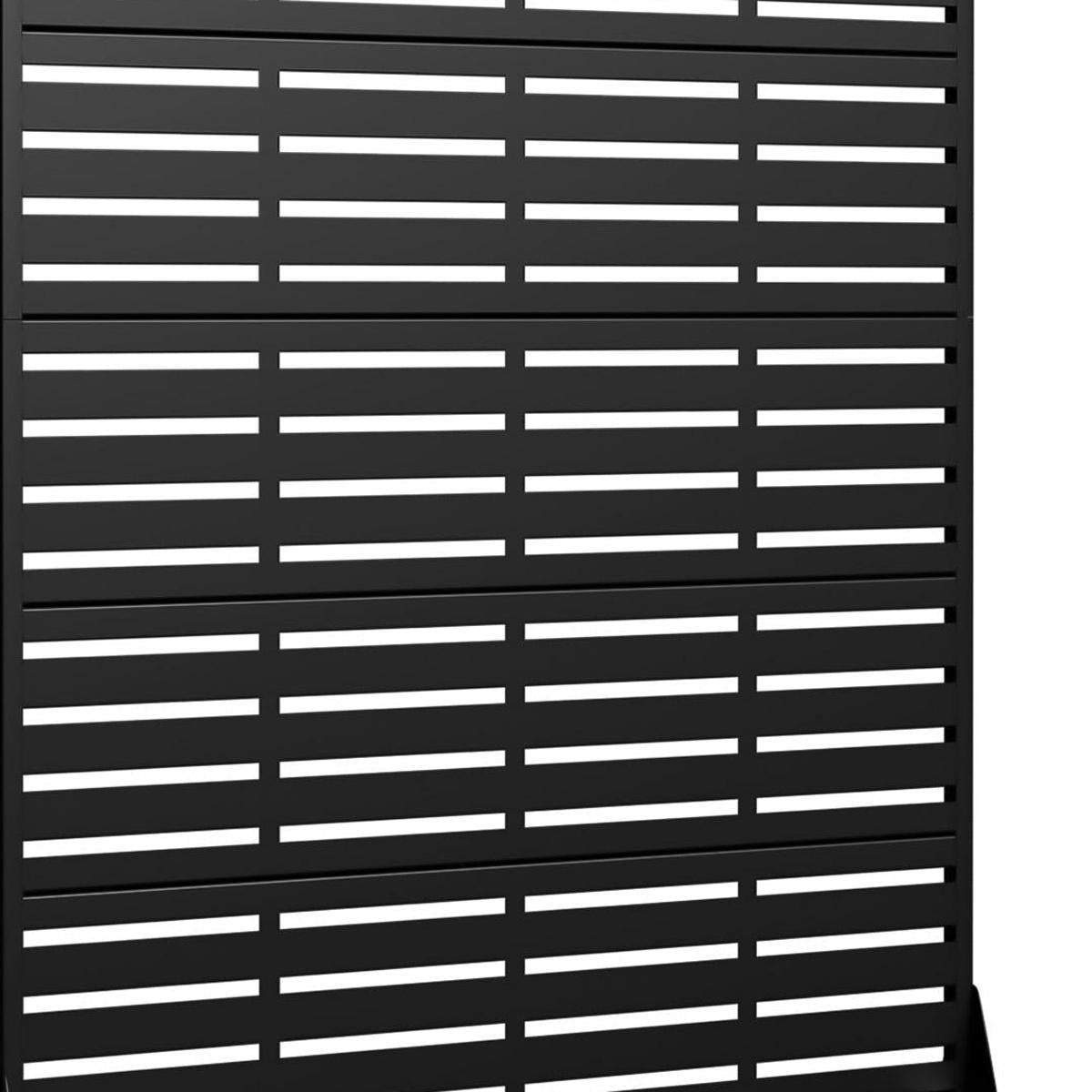 Black steel outdoor privacy screen with horizontal slats, 12-panel design