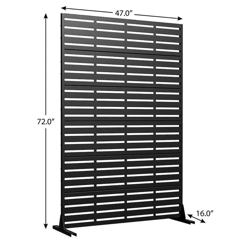 Dimensioned view: 72-inch black steel privacy screen with horizontal slats