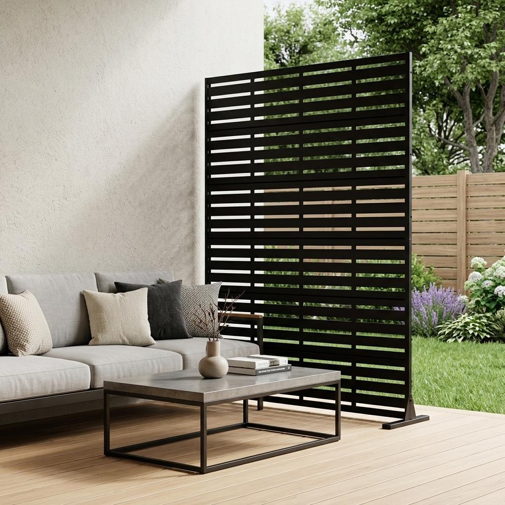 Black steel outdoor privacy screen with horizontal slats beside patio seating