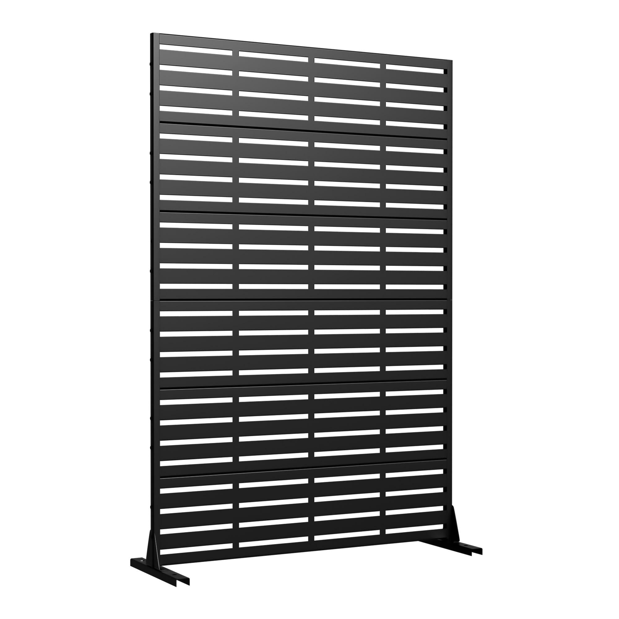 Black steel privacy screen with horizontal slats and flat base feet