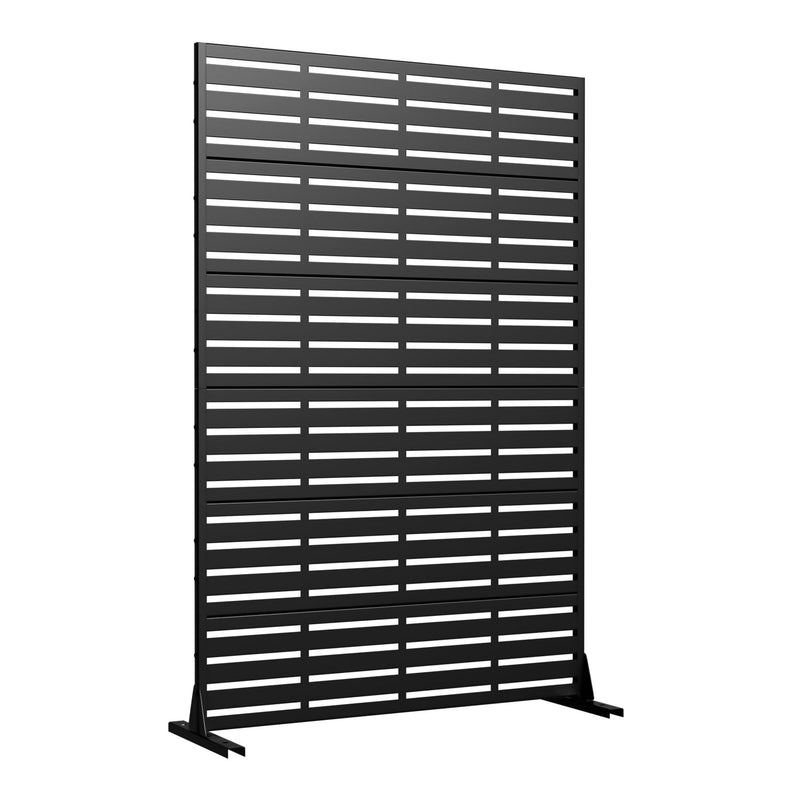 Black steel privacy screen with horizontal slats and flat base feet