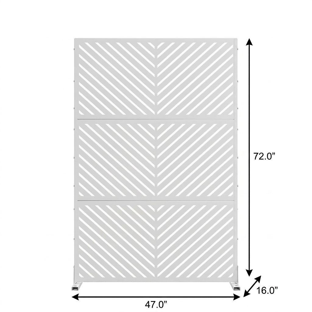 White steel outdoor privacy screen, six panels with diagonal slat pattern