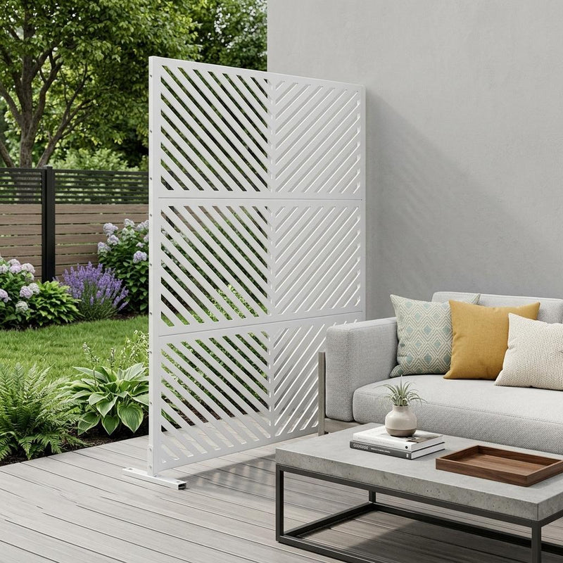 Freestanding white privacy screen with six louvered panels and diagonal slats
