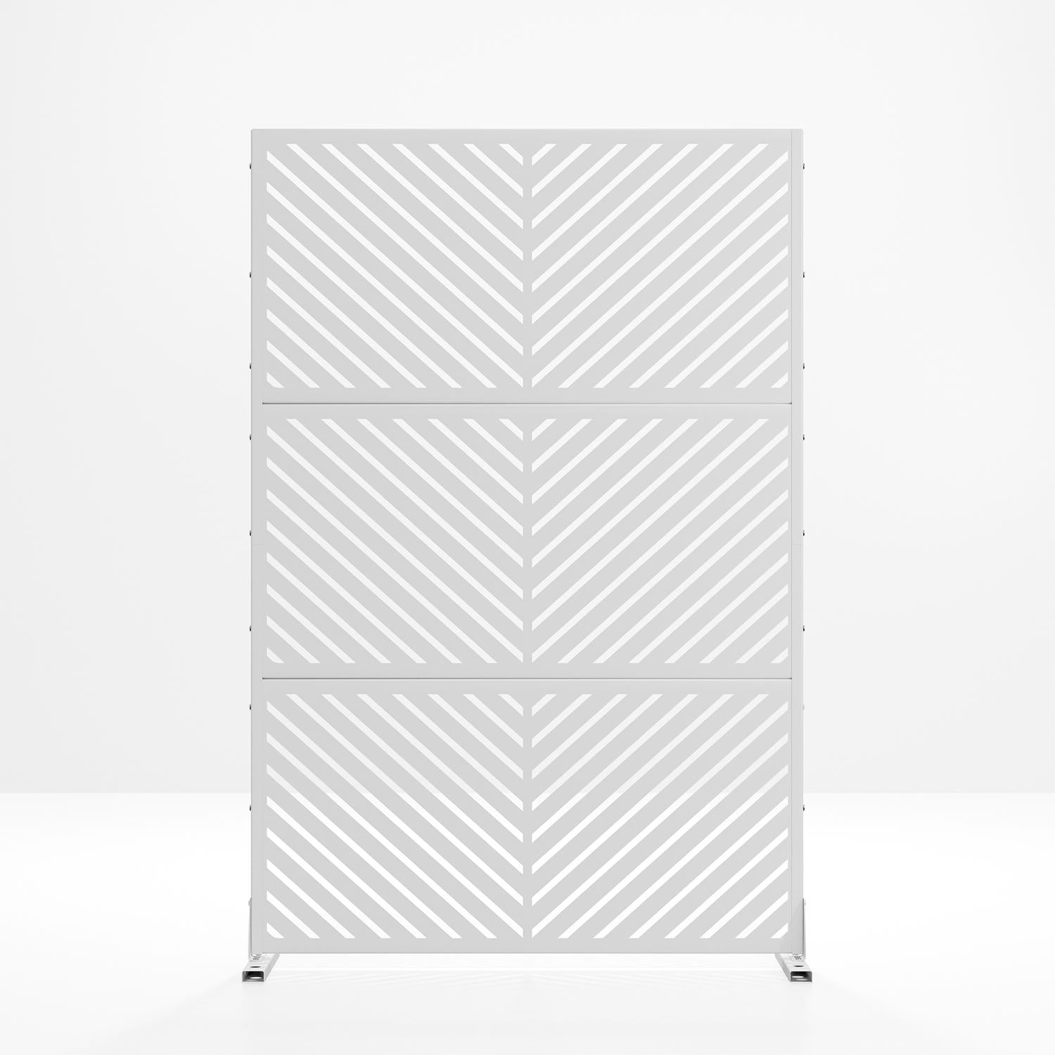 White steel six-panel privacy screen with diagonal slats and corner feet