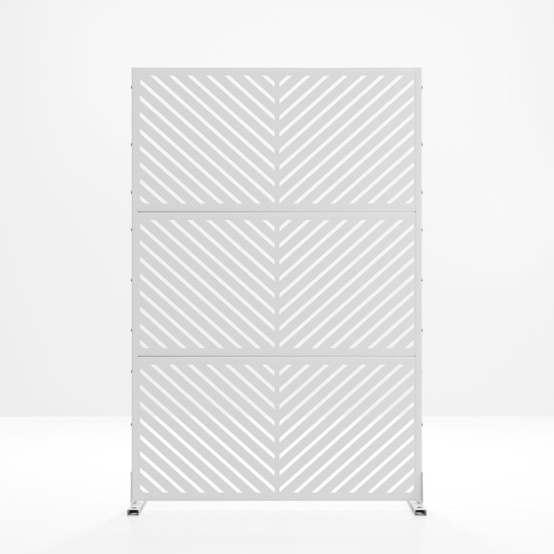 White steel six-panel privacy screen with diagonal slats and corner feet