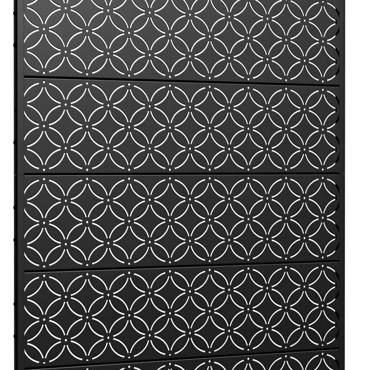 Black outdoor privacy screen with circular lattice cutout pattern across 12 panels