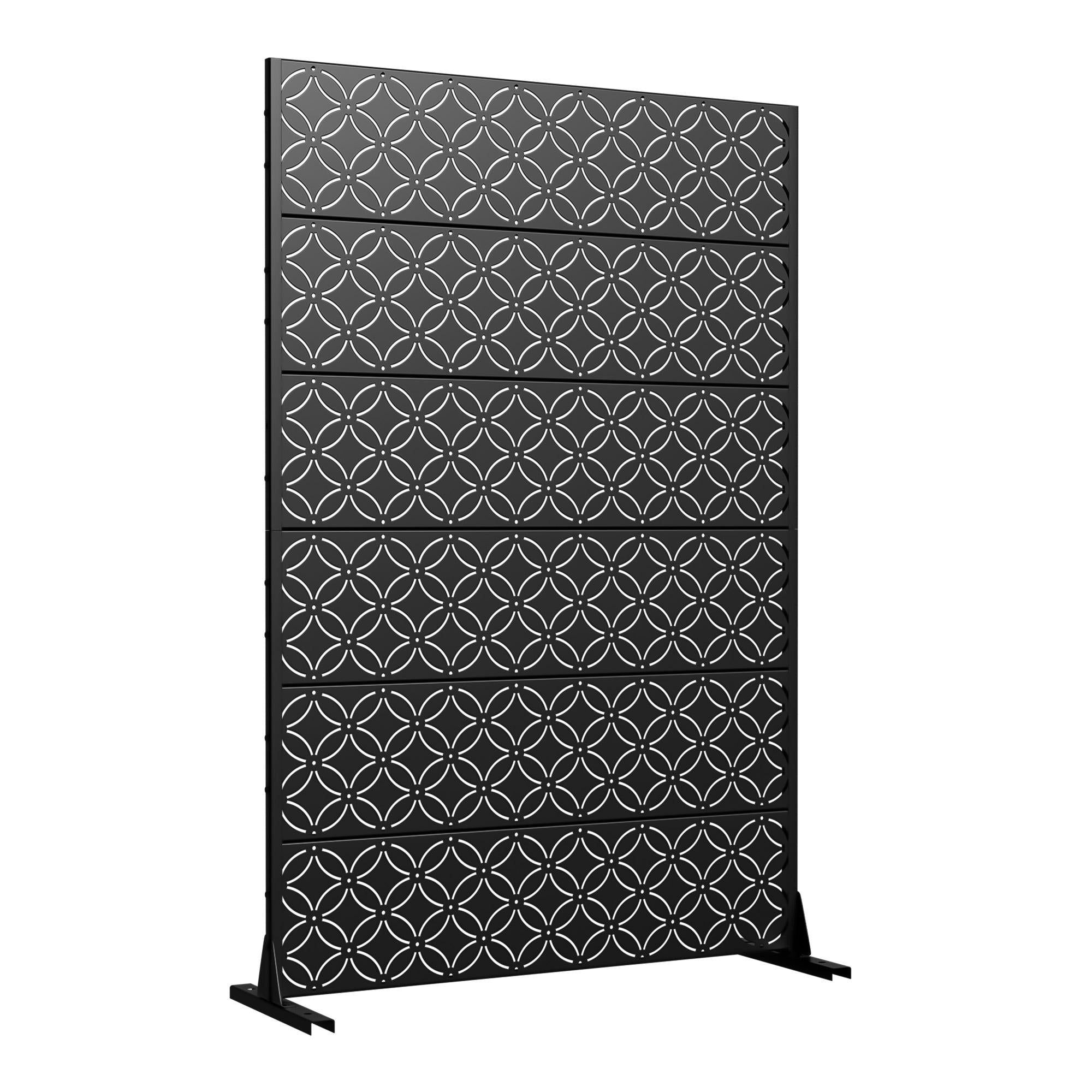 12-panel outdoor privacy screen in black with repeating circular lattice design