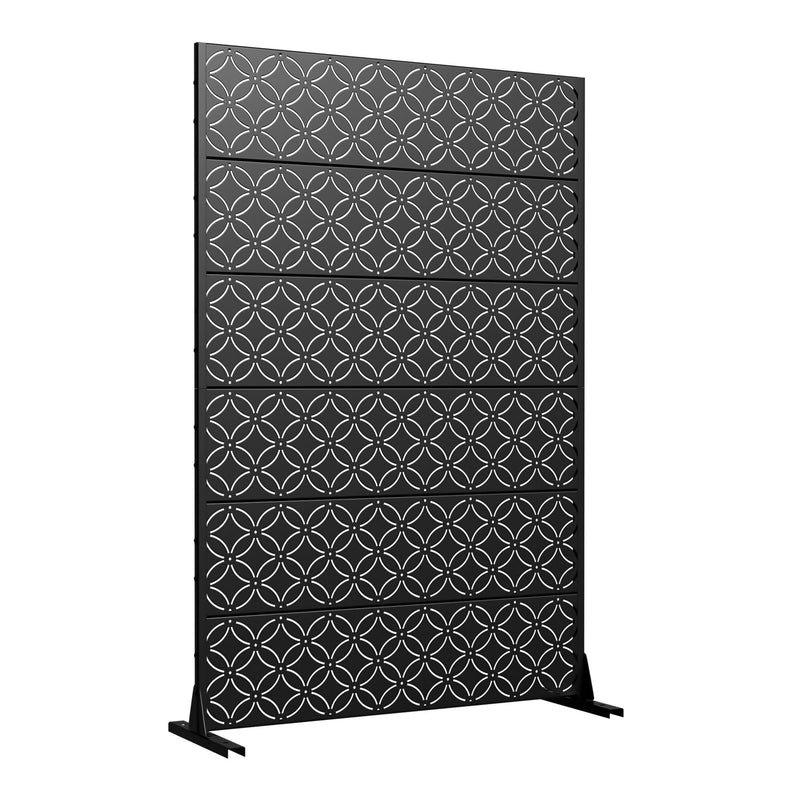 12-panel outdoor privacy screen in black with repeating circular lattice design