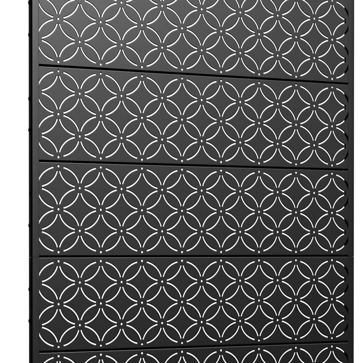 Close-up of black outdoor privacy screen panels with circular trellis cutout pattern