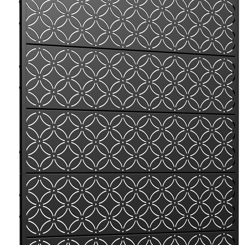 Close-up of black outdoor privacy screen panels with circular trellis cutout pattern