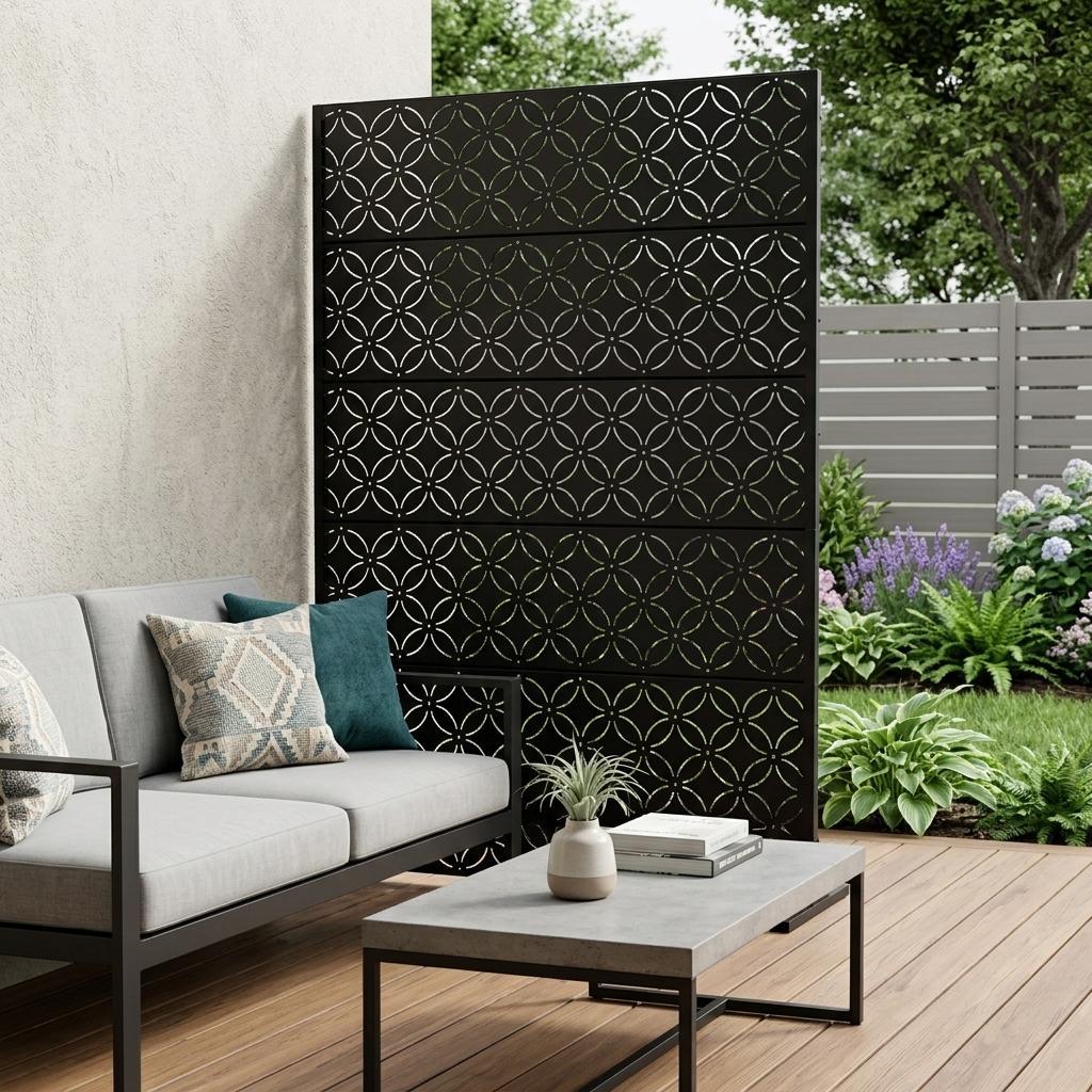 Black 12-panel outdoor privacy screen with circular lattice pattern installed in yard