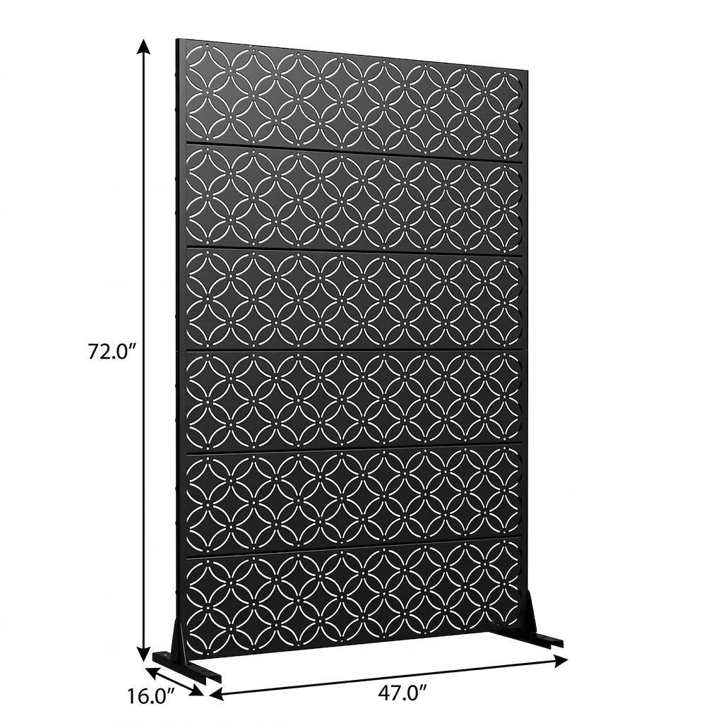 Black 12-panel outdoor privacy screen diagram showing 72 in height and 47 in width