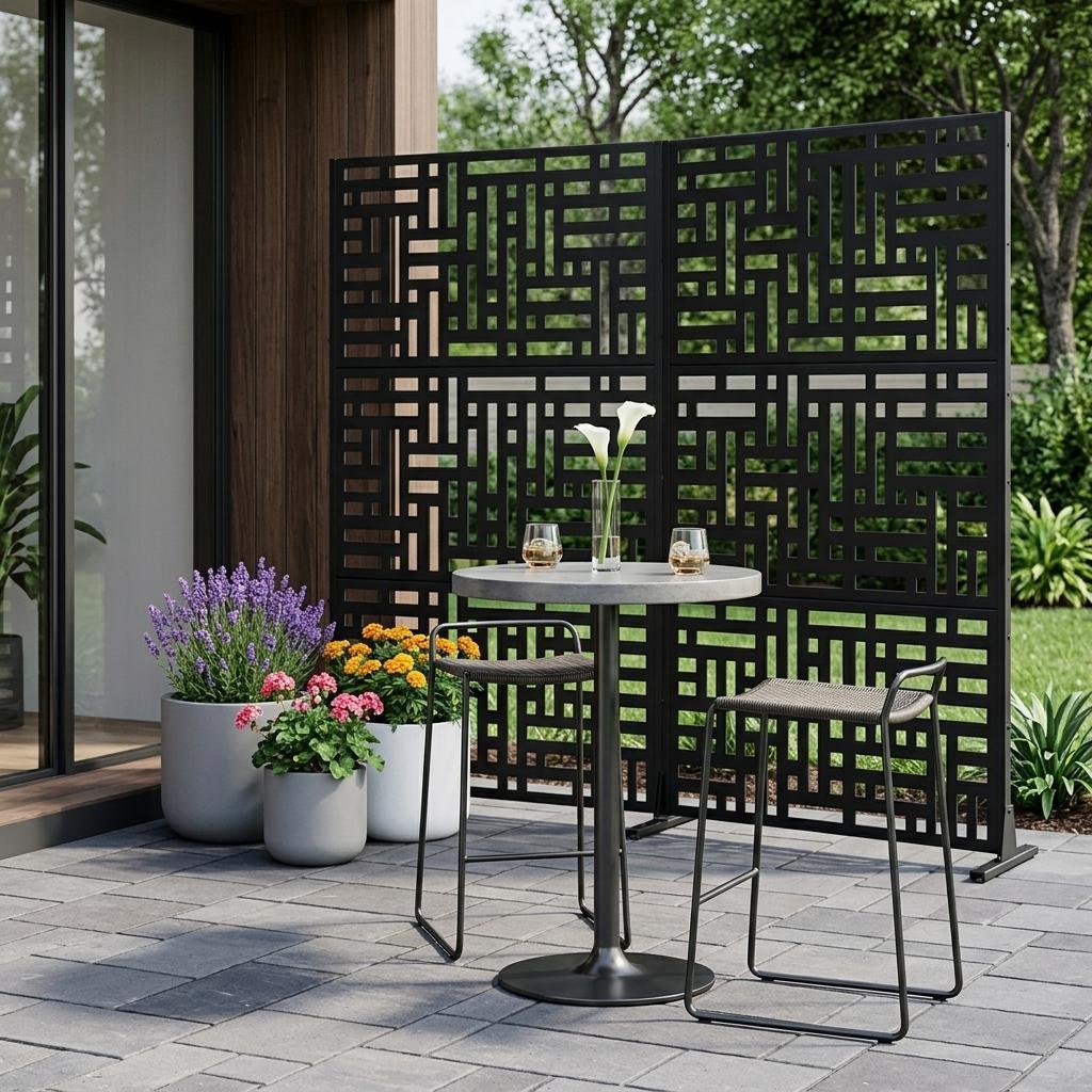 Black steel outdoor privacy screen with geometric lattice cutout panels and frame