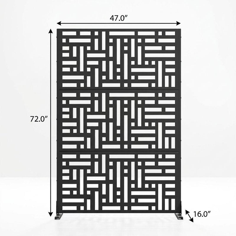 Black steel privacy screen front view with geometric cutouts and size arrows