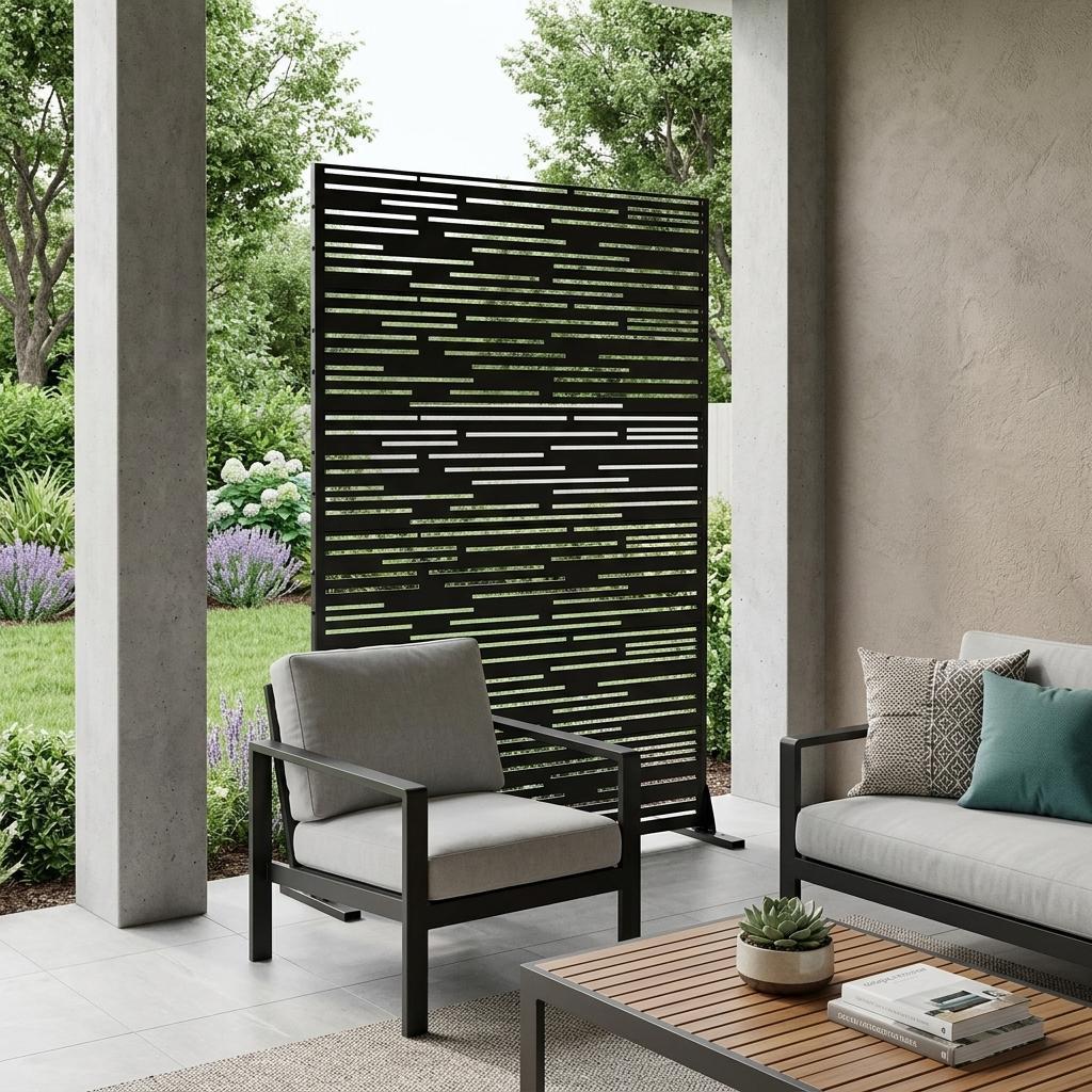 Black metal outdoor privacy screen with horizontal slatted cutout pattern on legs