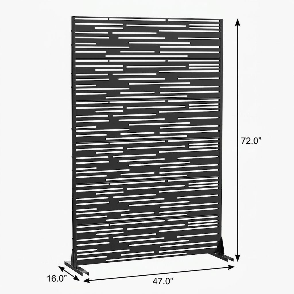 Black metal privacy screen, rectangular slatted pattern with 72" height and 47" width