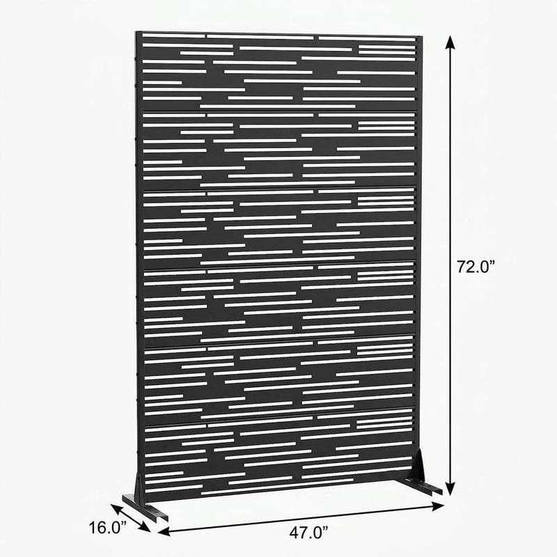 Black metal privacy screen, rectangular slatted pattern with 72" height and 47" width
