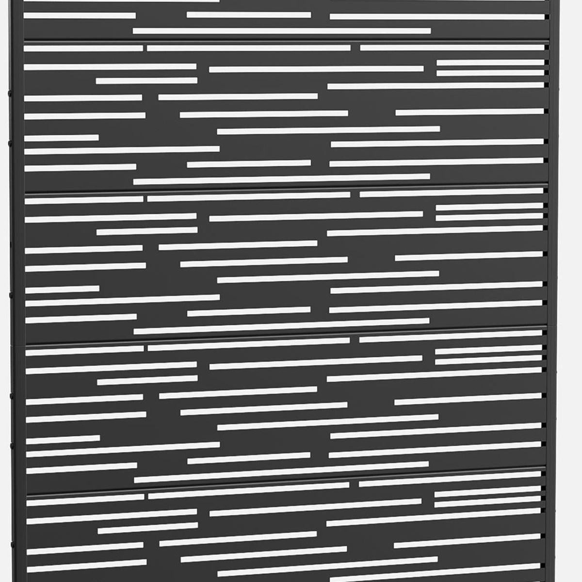 Close-up of black slatted metal privacy screen with alternating horizontal cutouts