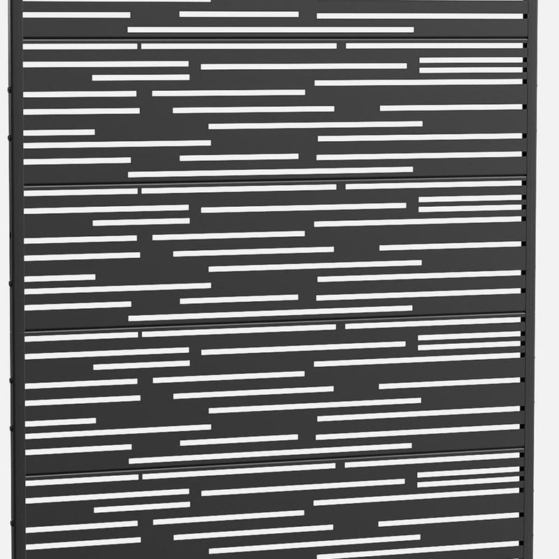 Close-up of black slatted metal privacy screen with alternating horizontal cutouts
