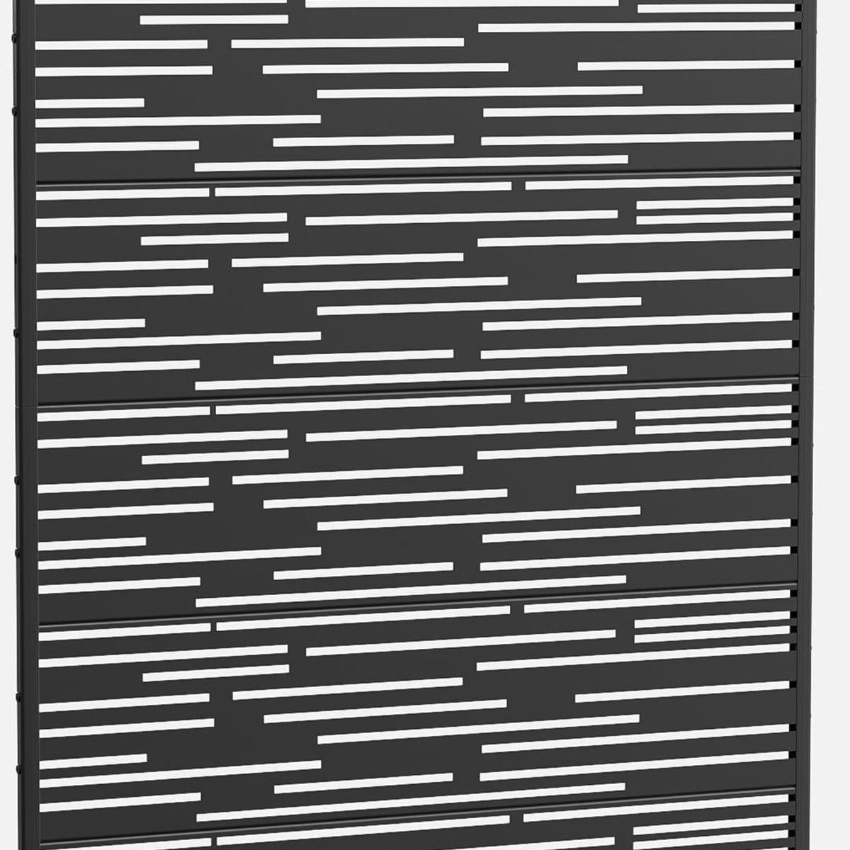 Tight view of black metal privacy screen slats, stacked with narrow gaps