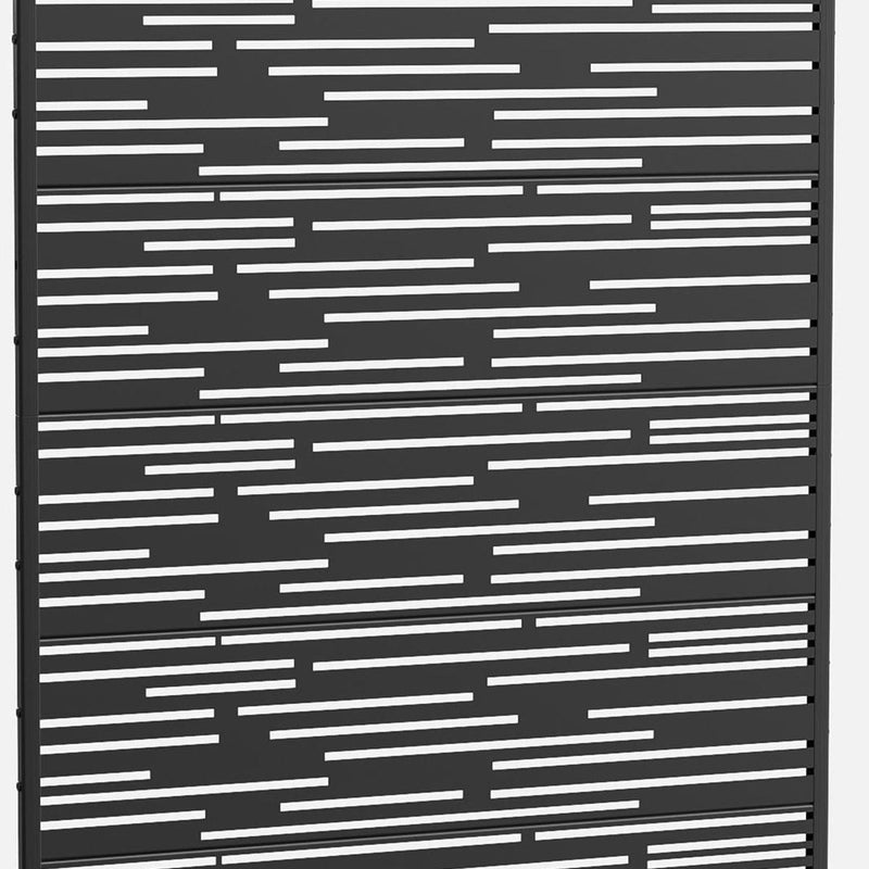 Tight view of black metal privacy screen slats, stacked with narrow gaps
