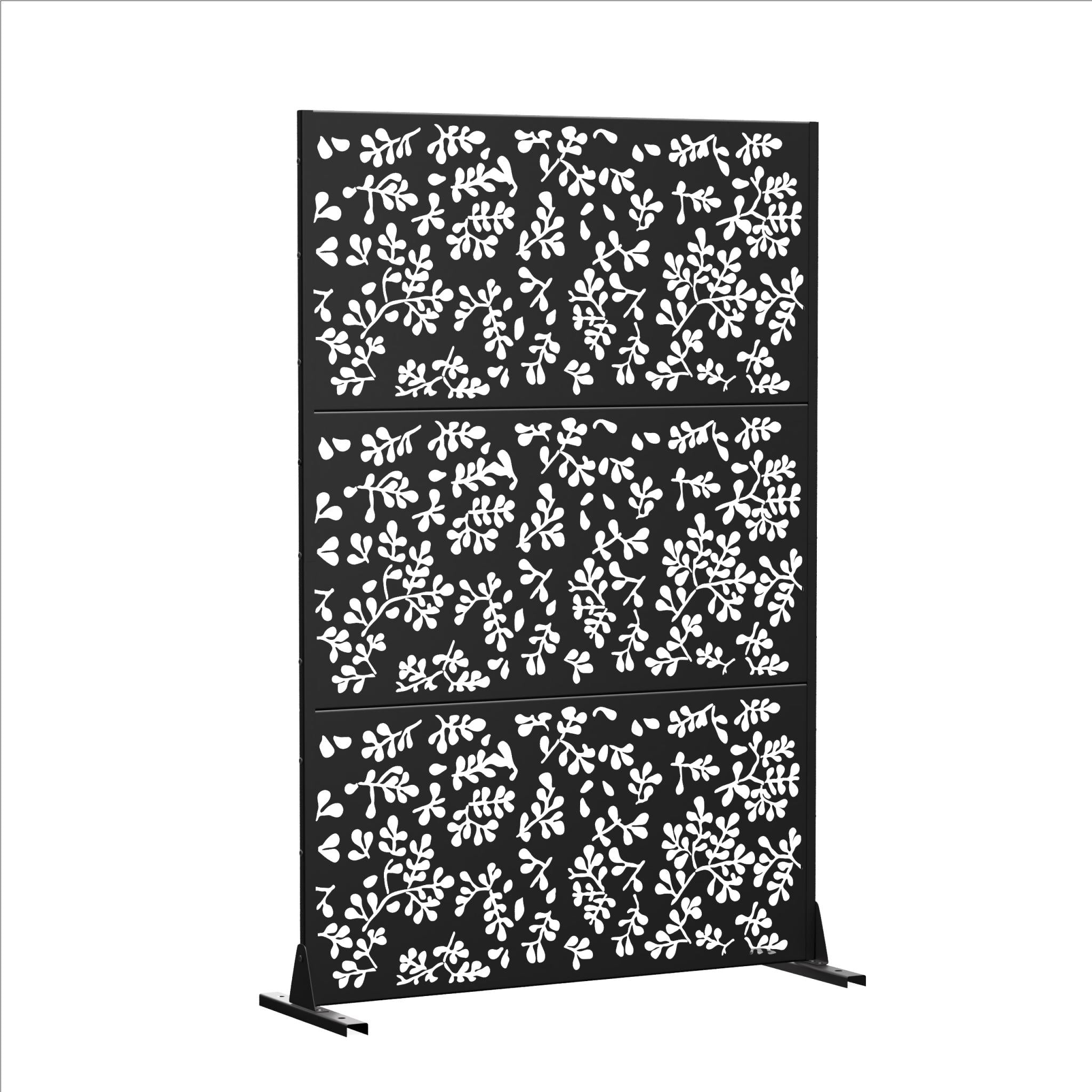 Black outdoor privacy screen with white floral pattern, six-panel design