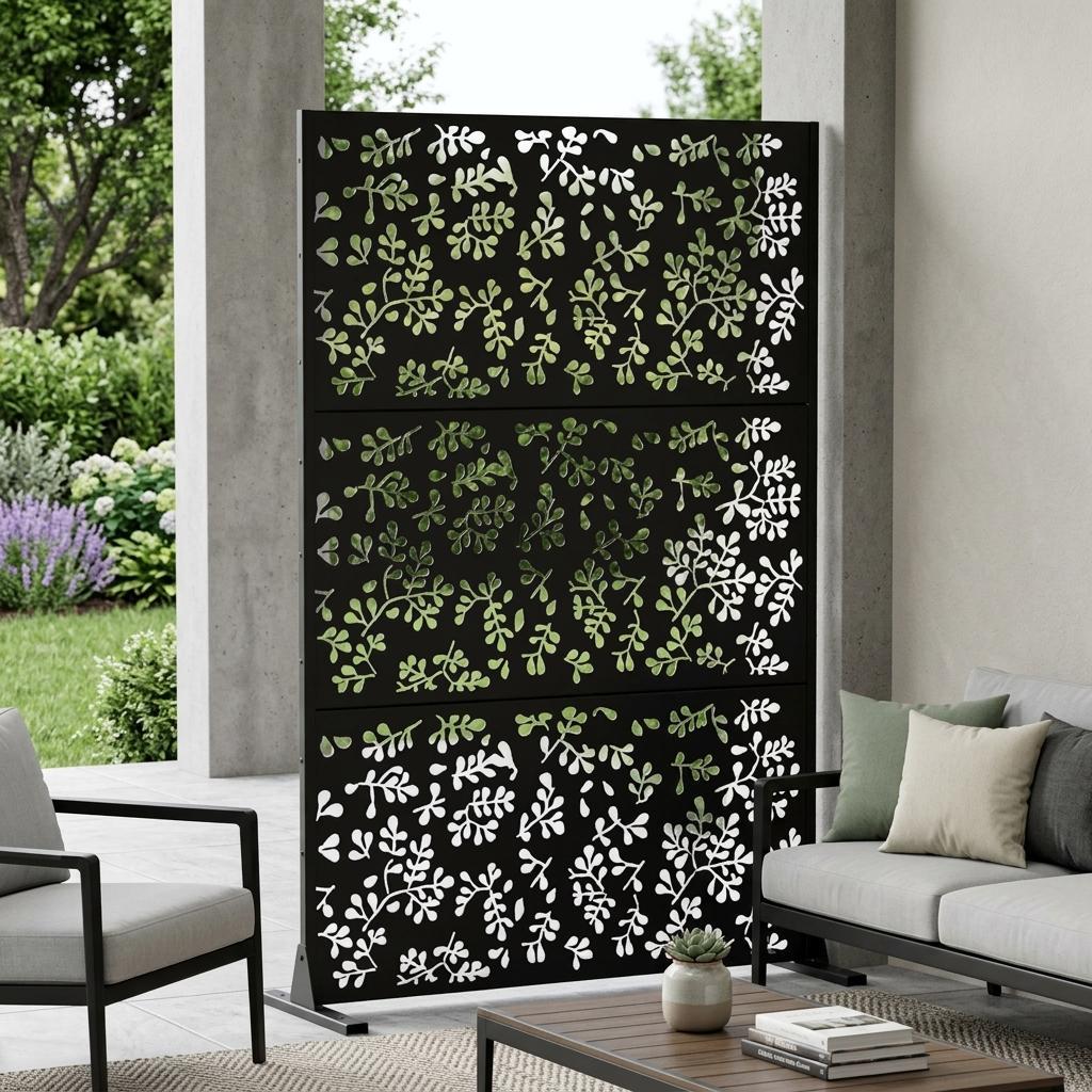 Free-standing black privacy screen with white floral pattern, six panels