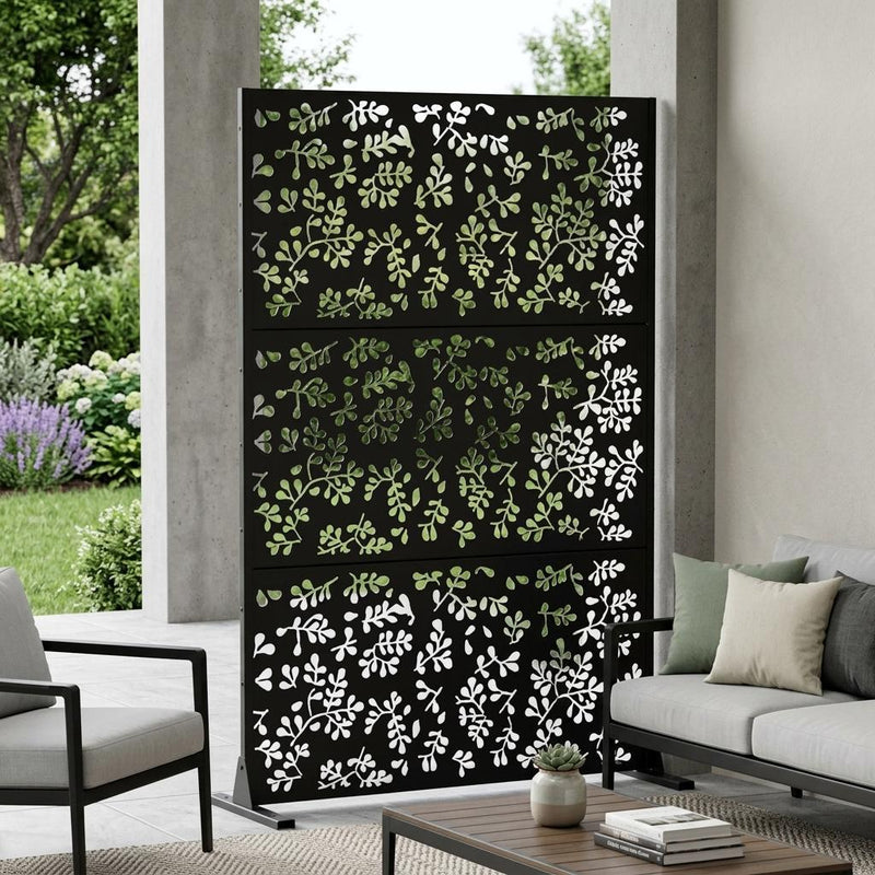 Free-standing black privacy screen with white floral pattern, six panels