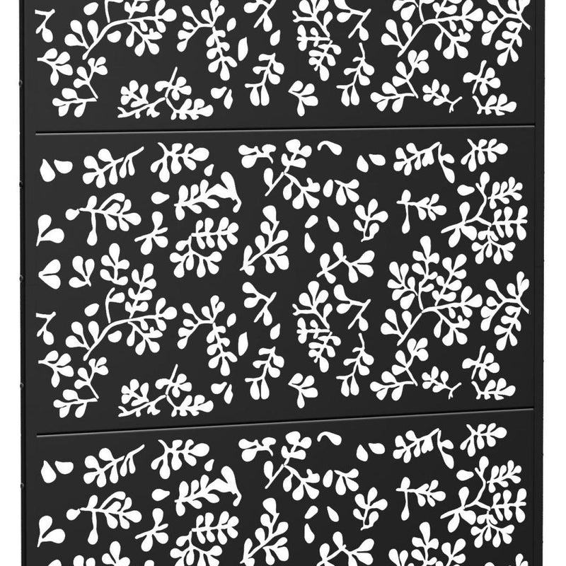 Black privacy screen close-up with white floral cutout pattern