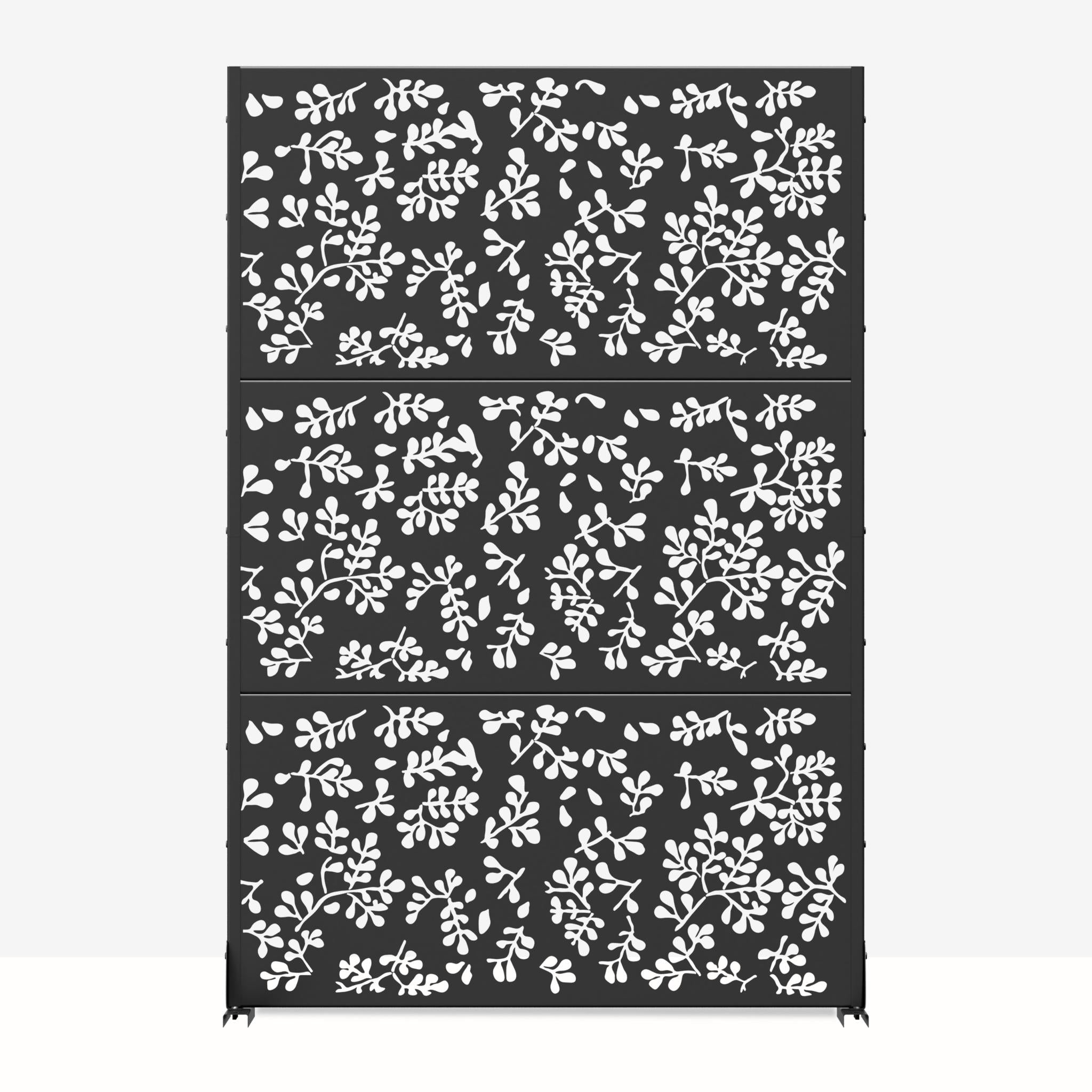 Black six-panel outdoor privacy screen with white floral cutout pattern