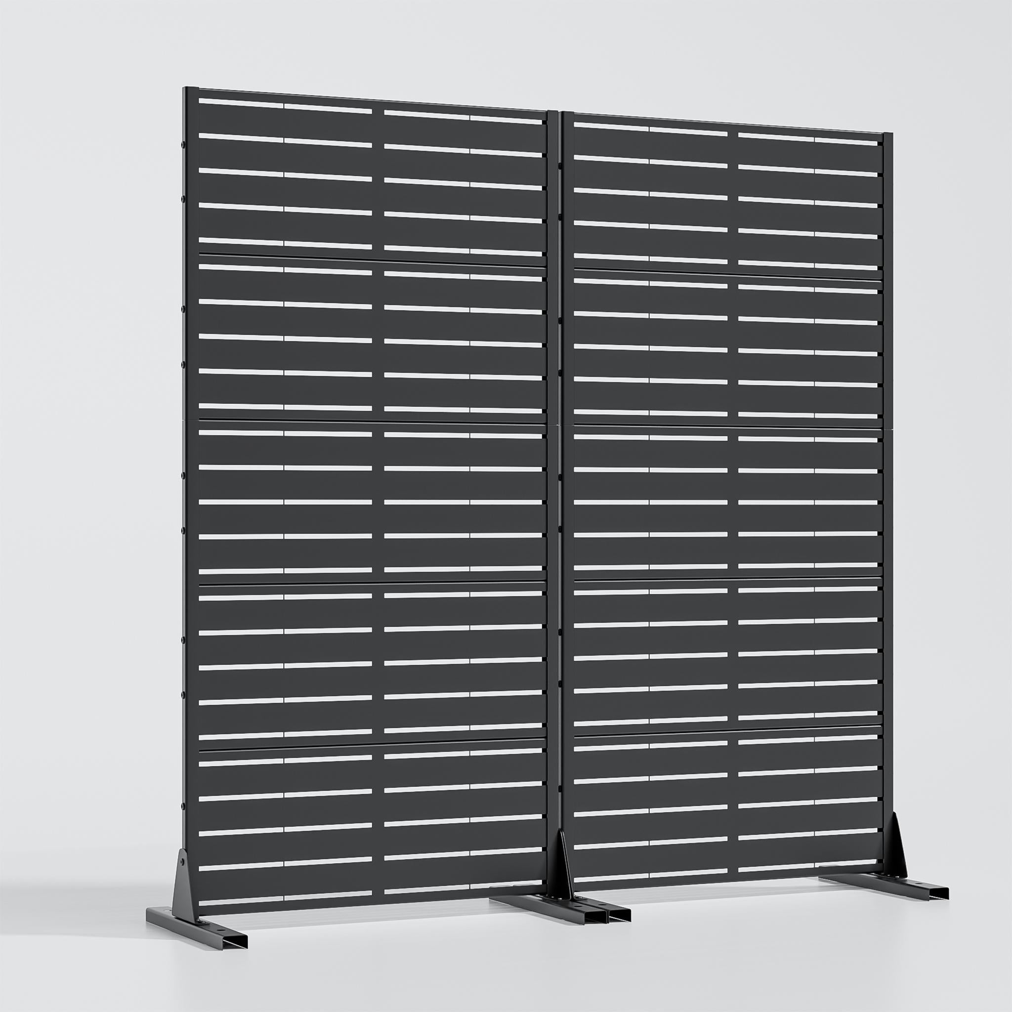 Black steel outdoor privacy screen with horizontal slats and two hinged panels
