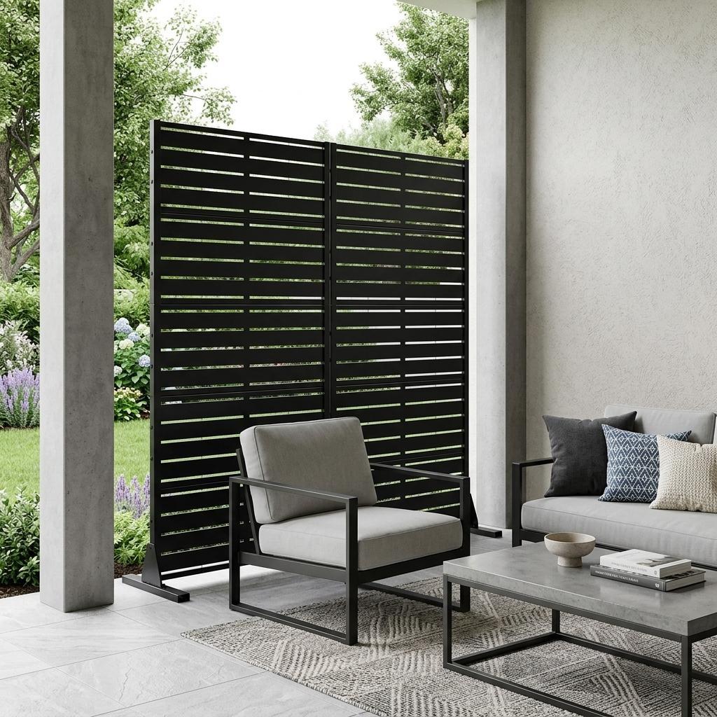 Black steel privacy screen set on patio with horizontal slats