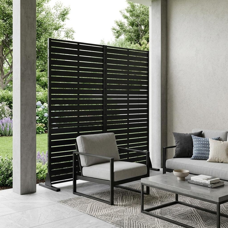 Black steel privacy screen set on patio with horizontal slats