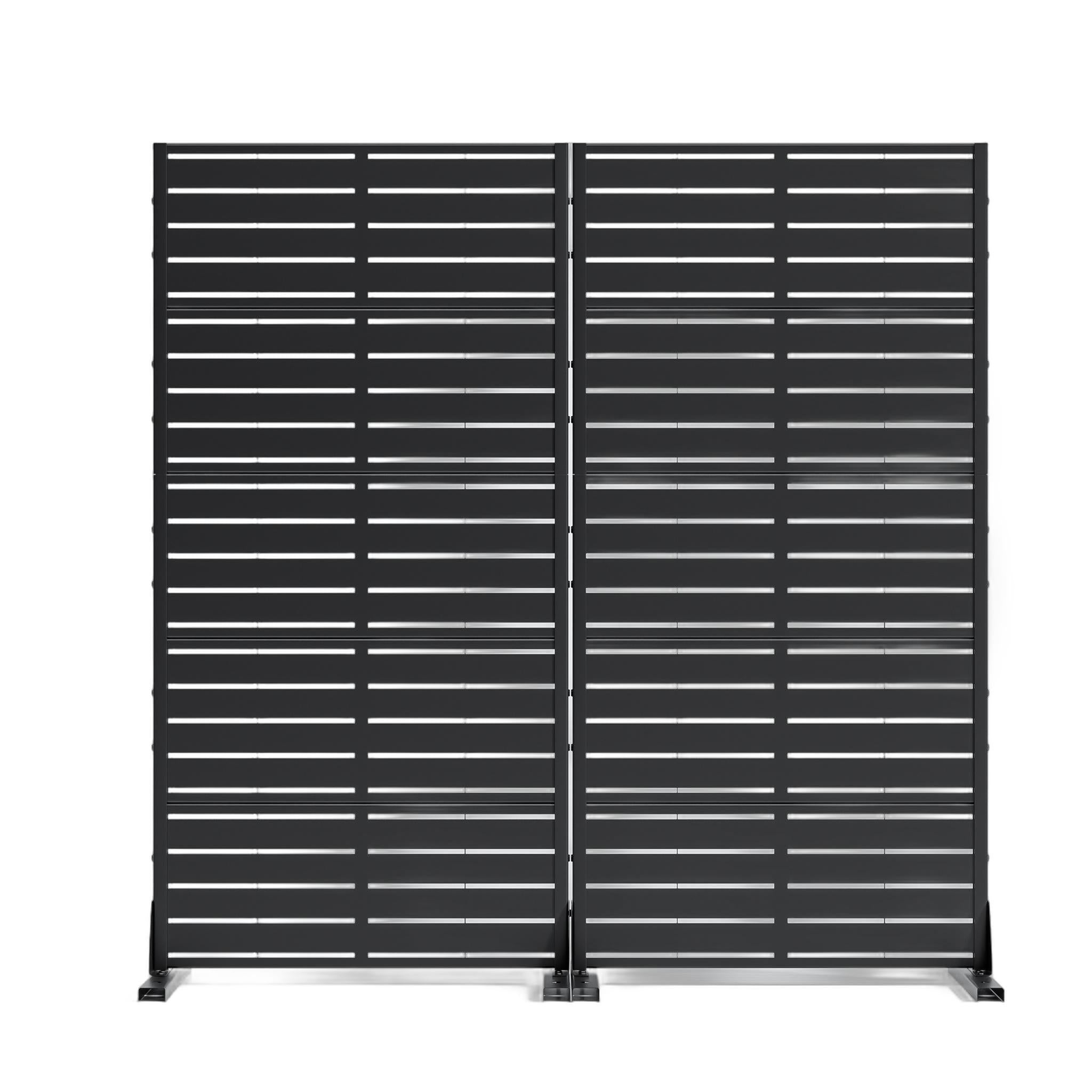 Black steel privacy screen with evenly spaced horizontal slats and frame