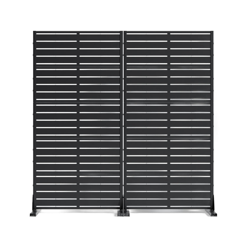 Black steel privacy screen with evenly spaced horizontal slats and frame