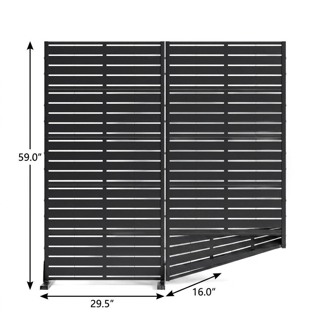 Black steel privacy screen dimensions: 59.0" H, 29.5" W, 16.0" depth