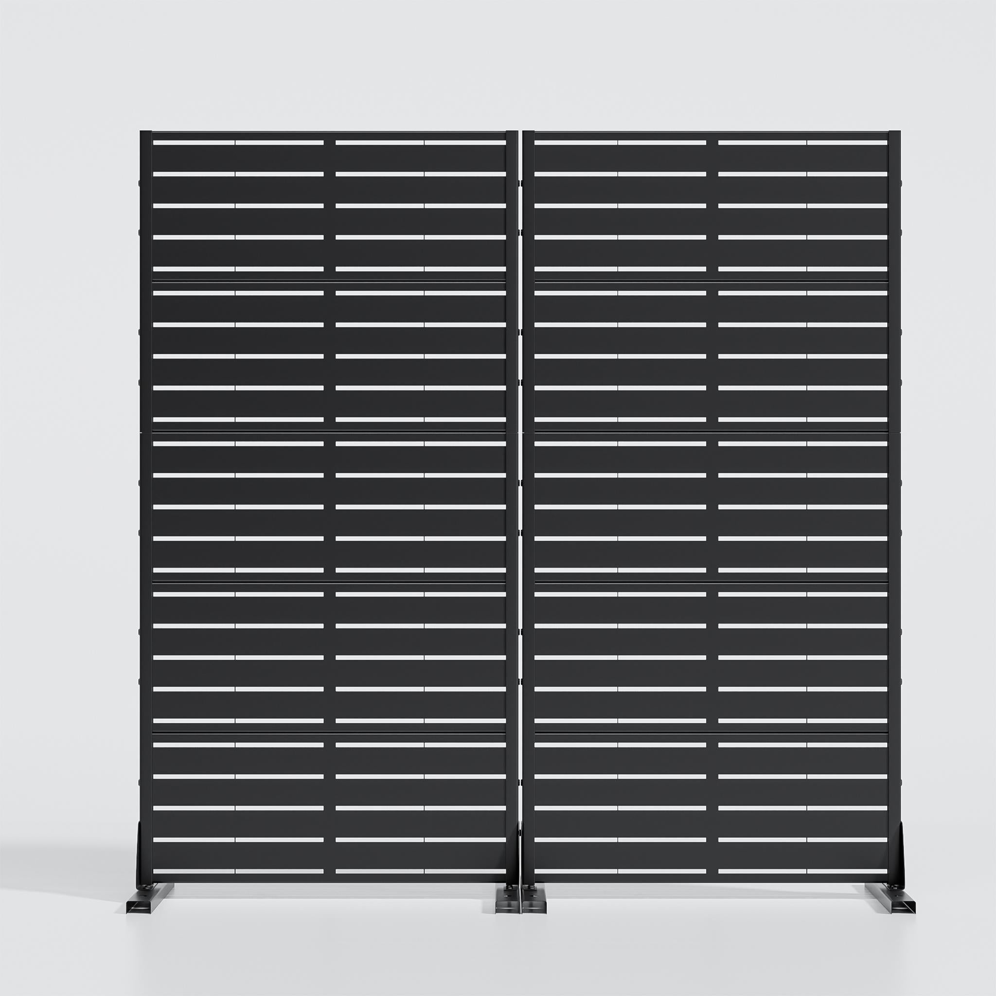 Black steel outdoor privacy screen with horizontal slats and base feet