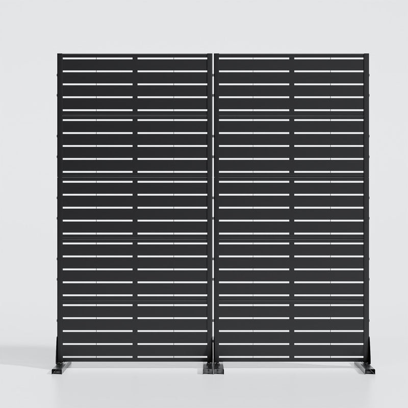 Black steel outdoor privacy screen with horizontal slats and base feet