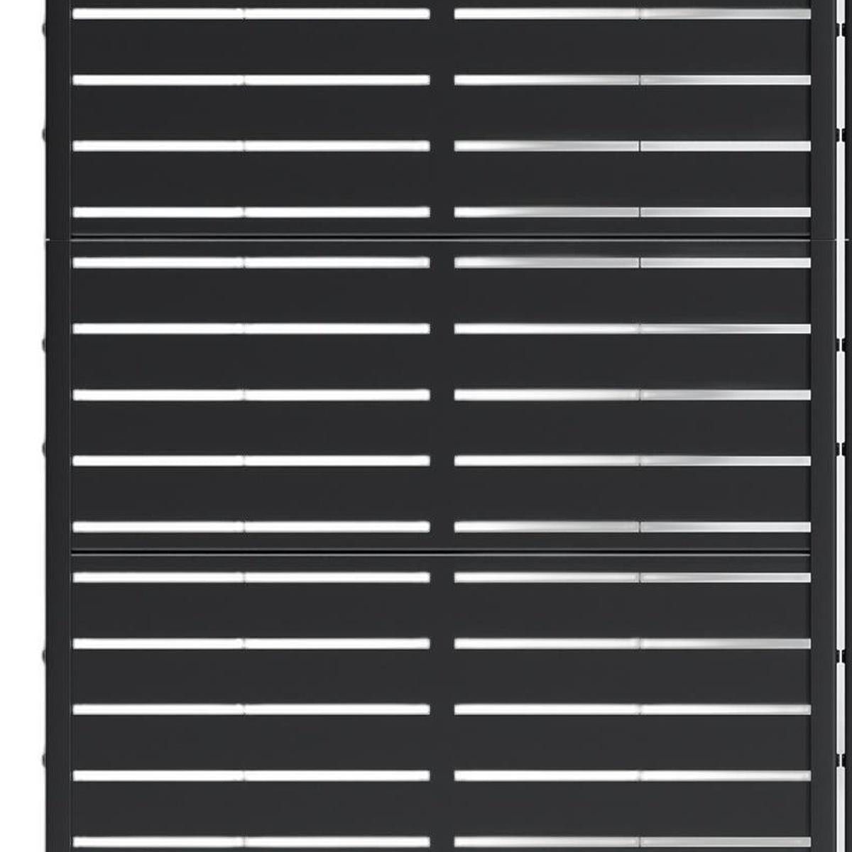 Close-up view of horizontal slats on black steel privacy screen