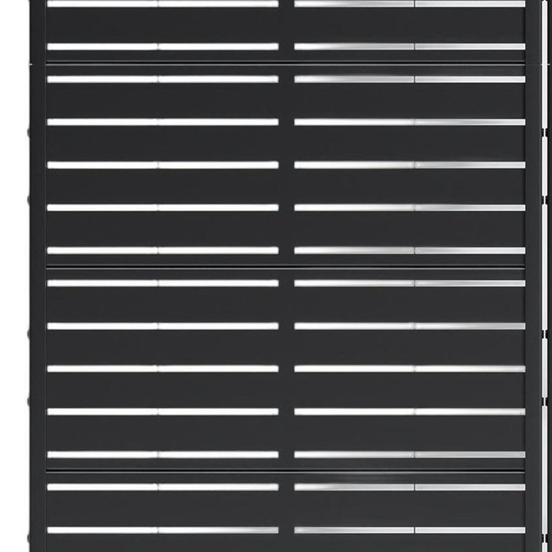 Close-up of black steel privacy screen slats and vertical side frame
