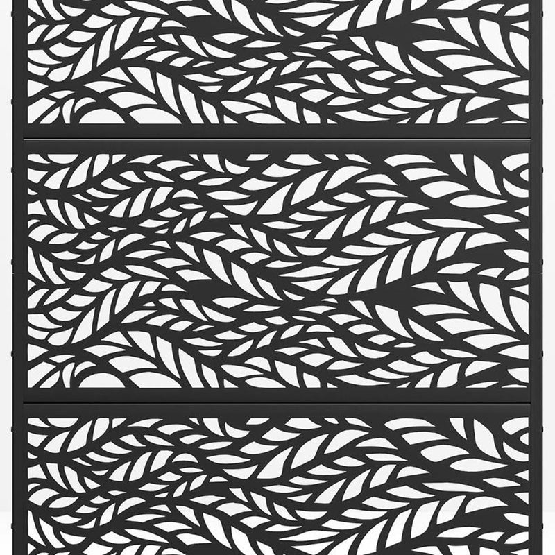 Black steel privacy screen panel with repeating leaf cutout pattern