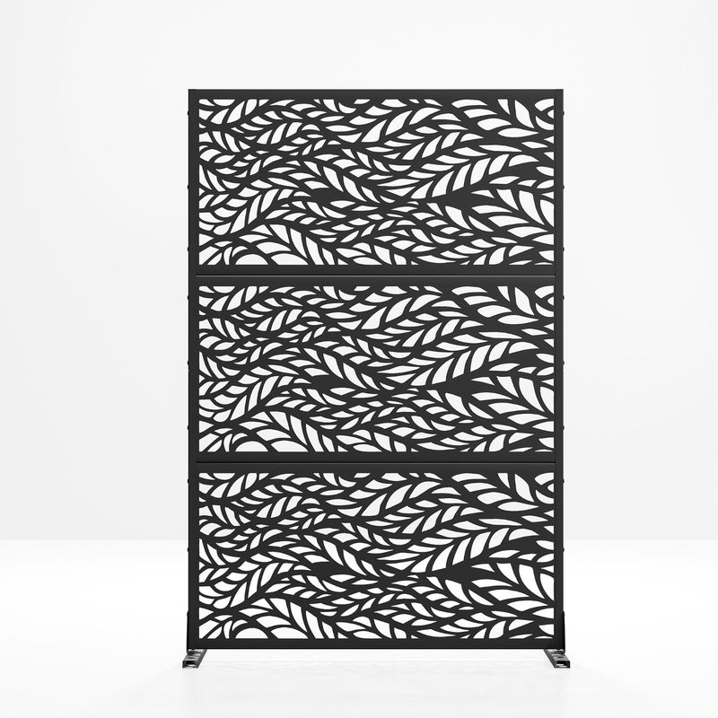 Black steel outdoor privacy screen with leaf cutout design on freestanding frame
