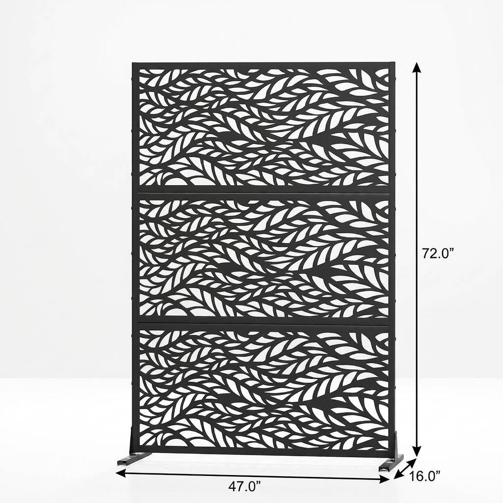Black outdoor privacy screen, 72 in high, leaf cutout pattern on freestanding frame