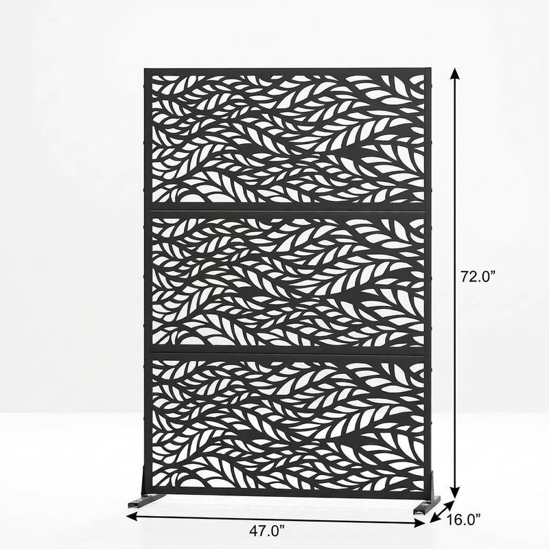 Black outdoor privacy screen, 72 in high, leaf cutout pattern on freestanding frame
