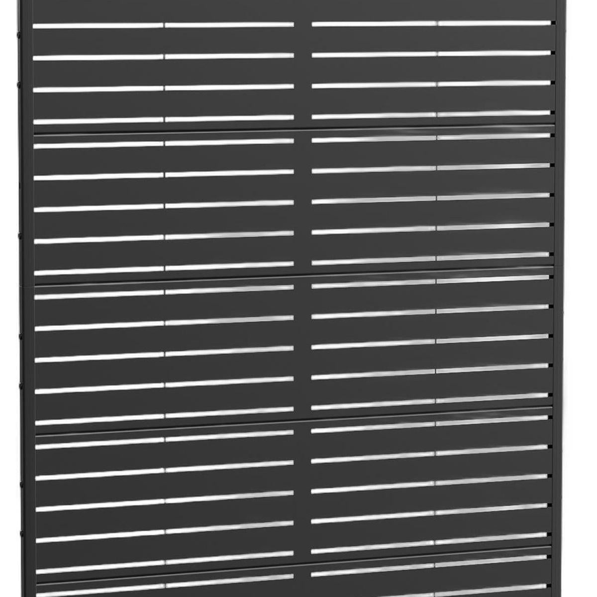 Black steel slat privacy screen with horizontal bars in a 12-panel grid