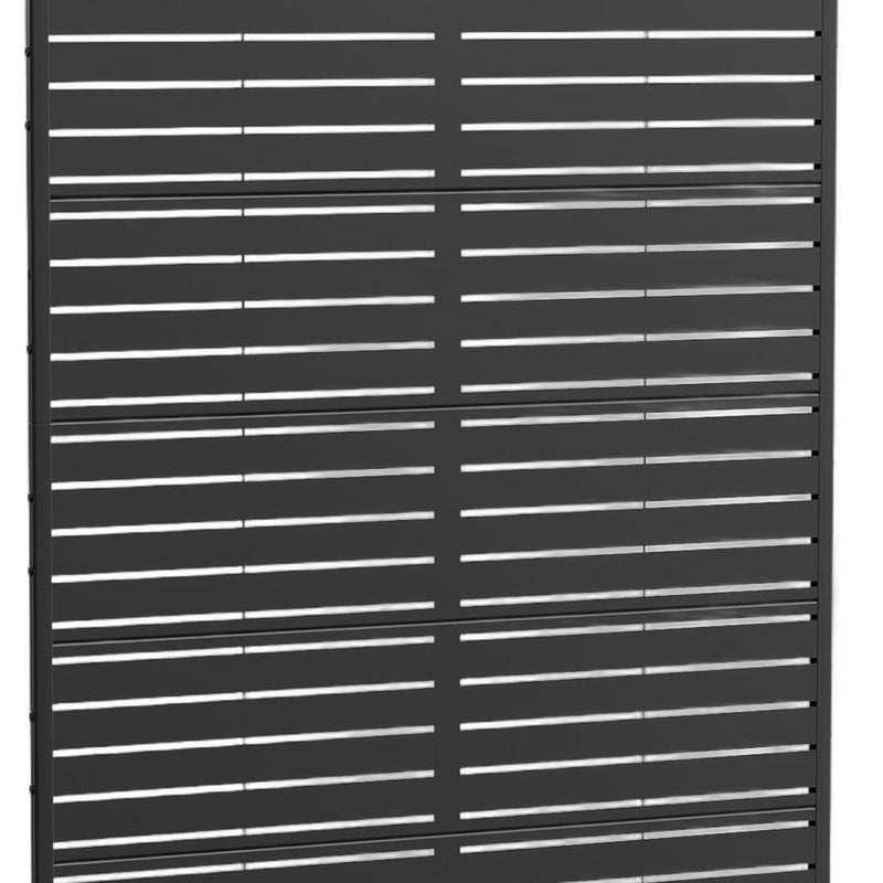 Black steel slat privacy screen with horizontal bars in a 12-panel grid