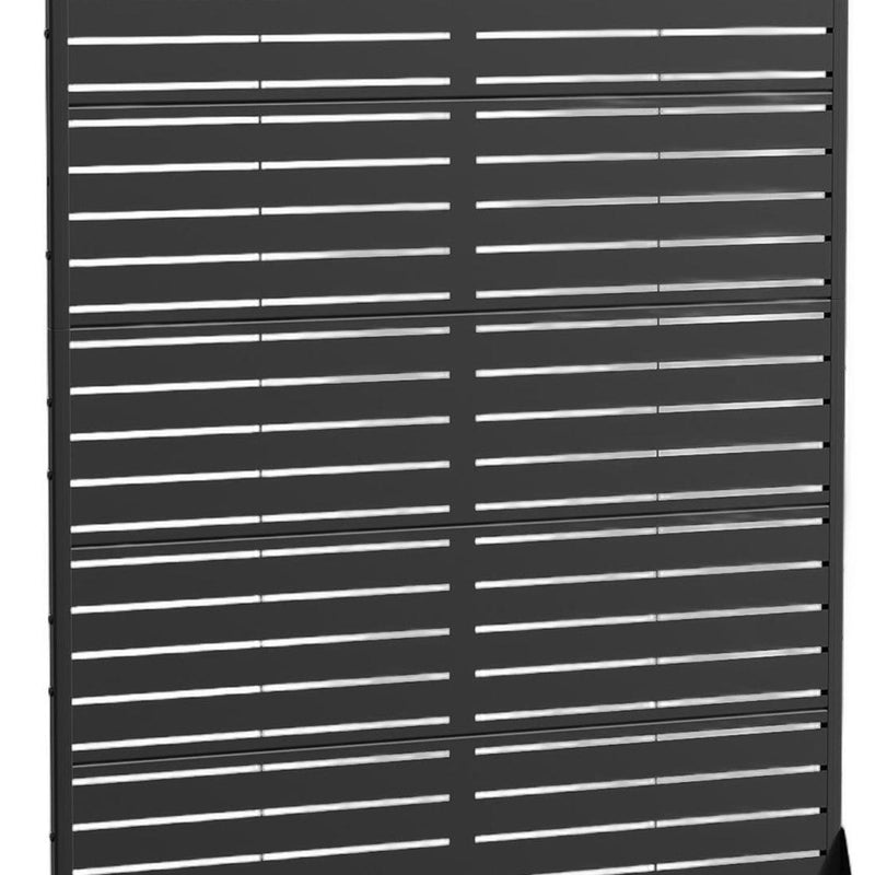 Black steel privacy screen close-up with horizontal slats and central support bar