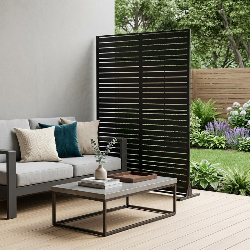 Black steel outdoor privacy screen with 12 horizontal slat panels